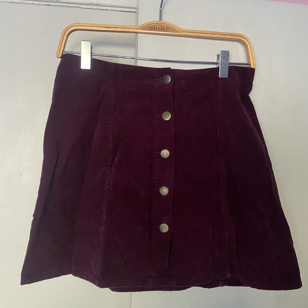 Maroon/burgundy corduroy button-down skirt
